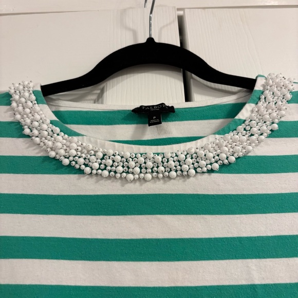 Talbots White & Green Striped Tee with Beaded Necklace Trim - Picture 2 of 7